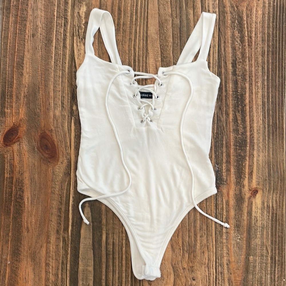 Naked Wardrobe. White lace up bodysuit. Size S